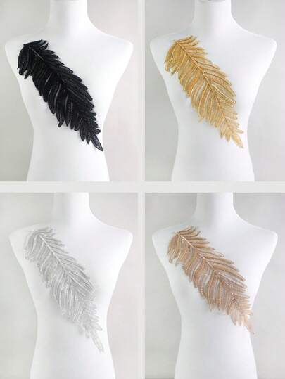 1pc/Pack, 4 Color Options, New Leaf Shaped Mesh Lace Embroidered Beaded Applique Patch, Handmade, Suitable For Apparel Accessories, DIY Wedding Dress Decor, Length: 40cm/15.7in