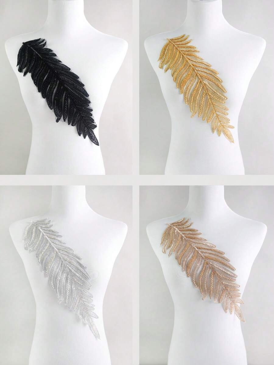 1pc/Pack, 4 Color Options, New Leaf Shaped Mesh Lace Embroidered Beaded Applique Patch, Handmade, Suitable For Apparel Accessories, DIY Wedding Dress Decor, Length: 40cm/15.7in