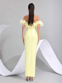 人造羽毛重点缀珍珠性感露肩露背紧身黑色绷带长裙，优雅女士婚礼宾客伴娘派对晚礼服 - 淡黃色 - 查看 7