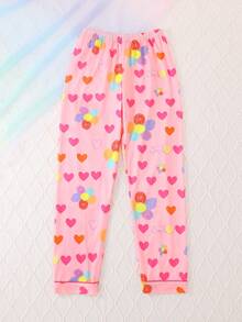 2pcs/Set Girls & Teens Casual Cartoon Heart & Flower Print Lapel Long Sleeve Cardigan And Pants Pajama Set, Flame Retardant, Suitable For Christmas & All Seasons - Pink - View 8