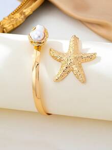 1 件创意时尚新款海星镂空巴洛克仿珍珠臂章，优雅女士夏季海滩度假派对婚礼度假音乐节节日礼物珠宝，精灵服装，美人鱼配饰 - 金色+白色 - 查看 5