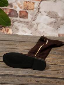 Women's 2025 Autumn/Winter New Tall Boots, Side Zipper Flat Boots With Metal Trim Thick Sole, Increased Height Stretch Faux Suede Shaft Expandable Tall Boots For Women - Coffee Brown - View 8