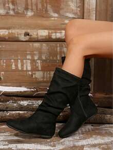 2026 Autumn & Winter Women Flat Round Toe Mid-Calf Boots, Anti-Slip, New Design Slim Slouch Boots With Side Zipper,Boots For Women,Fashionable Women's Long Boots, Knee-High Boots, A Must-Have For Winter,Boots For Women - 黑色 - 查看 4