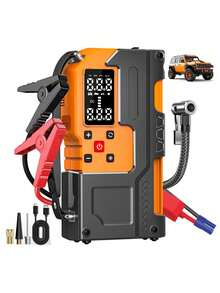 10000mAh High Capacity Car Jump Starter, Car Air Compressor, 2-In-1 Multifunctional Charger, Equipped With 150 PSI Digital Tire Inflator, LED Flashlight, Safety Hammer Design, Sturdy And Durable Structure, Includes Multiple Adapters | Emergency Vehicle Tool | High Visibility Orange | Comes With Storage Case