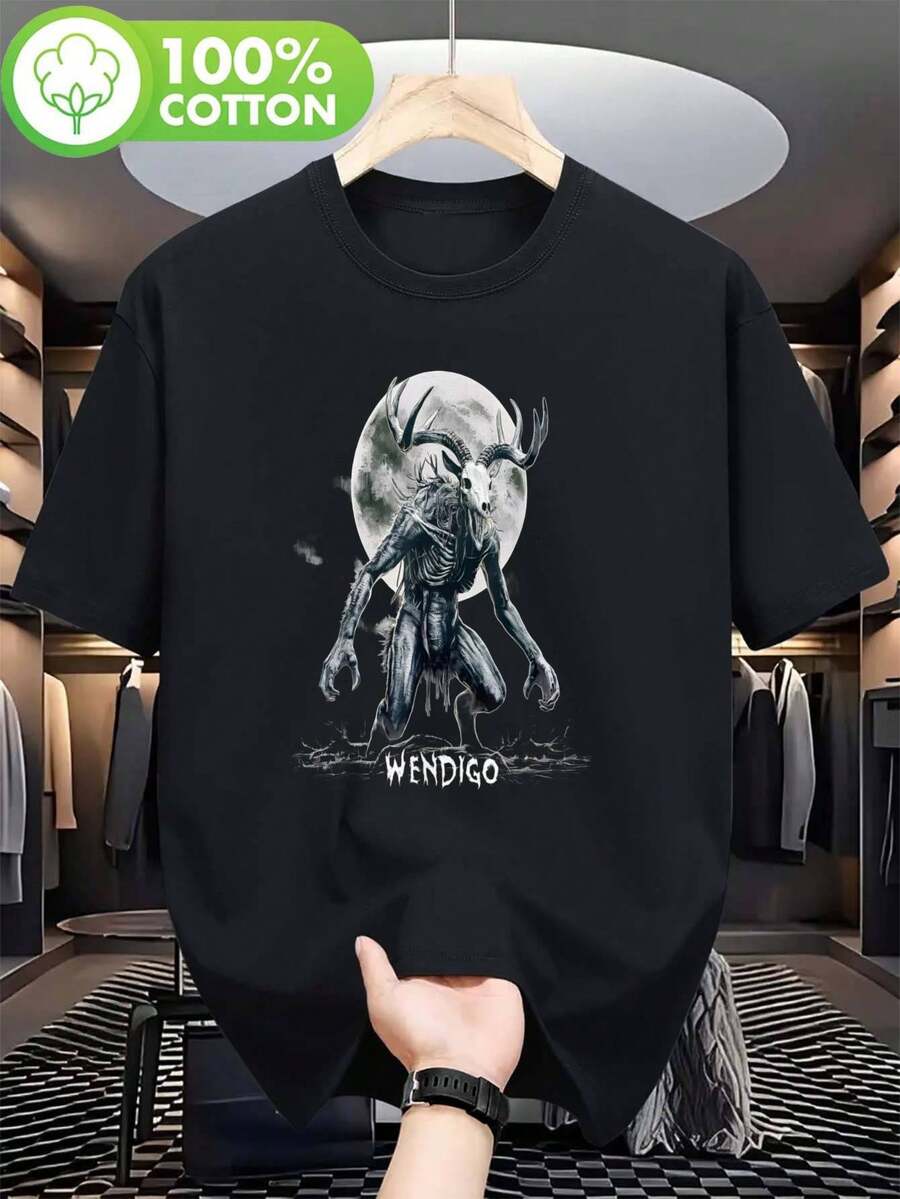 Camiseta gráfica de horror de criptid Wendigo, edición limitada - 100% algodón, negro con diseño blanco y rojo, cuello redondo, manga corta, ideal para uso casual, actividades al aire libre y coleccionistas de camisetas de moda, camiseta de exterior | Camiseta gráfica audaz | Camisa de algodón duradera