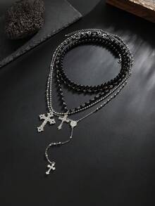 4pcs/Set Bohemian Style Faux Pearl Beaded Geometric Chain Cross Tassel Pendant Y-Necklace, Elegant Luxury Vacation Party, Casual Daily, Street Style, Wedding, Couples, Birthday, Versatile Charm Jewelry Gift For Women - Necklace - View 5