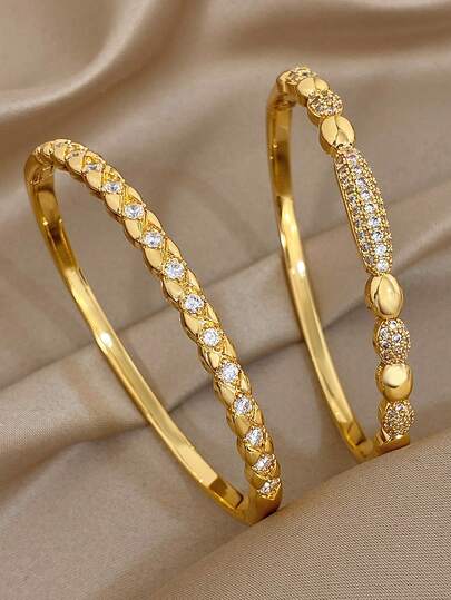 18K Gold Plated Elegant Woven & Bead Zirconia Bangle Bracelet Set For Women, Luxury Textured Jewelry Mom Gift Christmas Thanksgiving Halloween Wedding Rave/Prom/Party/Daily Accessories Gift For Anniversary Valentine's Day Boho Jewelry Birthday Bridesmaid Gifts