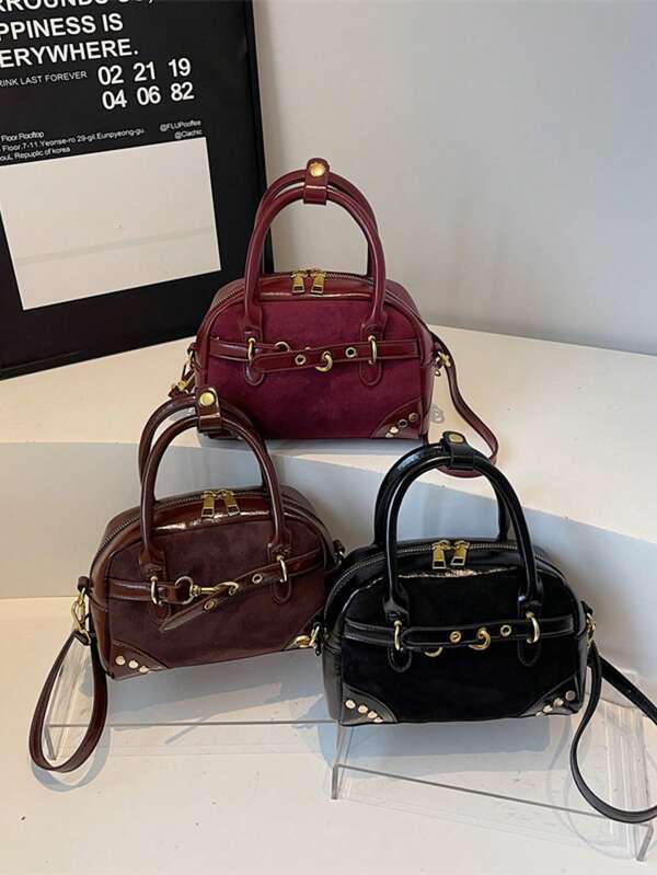 Vintage Rivet Studded Patchwork Handbag, Strap Decor Retro Hardware, Bowling Bag Style, Suede Fabric, Rivet Decor, Fashionable Shoulder Crossbody Bag For Autumn/Winter 2025