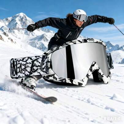 1副滑雪镜。镜片带有彩色涂层，可有效过滤强光，减少雪地反射，保护眼睛，提高视觉清晰度；镜框周围的多孔结构和海绵垫确保透气性，佩戴时提供舒适的贴合度。