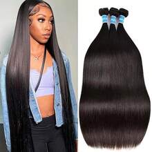 Straight Bundles Human Hair 12 14 16 18 Inch 4 Bundles 100% Unprocessed Brazilian Virgin Weave Bundles Human Hair For Women Remy Straight Hair Extensions Natural Black Raw Weft - Natural Black - 查看 3