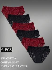 6pcs Set Elegant Solid Color Cotton Lace Trim Ladies Briefs - Multicolor - View 3