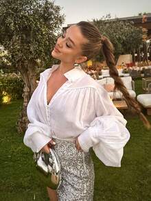 Women's Elegant Long Sleeve Collared Shirt, Button Front, Woven Fabric, Regular Length Top Spring - White - View 3