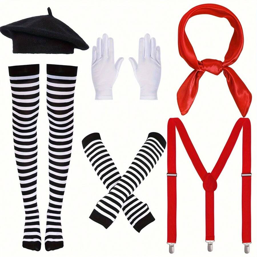 9pcs Women's French Pantomime Performer Outfit And Accessories Set - Party Style Polyester Fiber Pantomime Costume, Equipped With A Beret, Adjustable Red Straps, Striped Arm Sleeves, High Socks, Scarf And White Gloves, Suitable For Halloween Costume