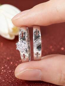 2 piezas Anillos de pareja de moda, Anillos de boda y compromiso para hombre y mujer, Regalo de joyería para aniversario, para uso diario (sin caja) - Blanco - Ver 4