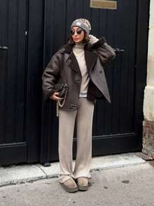 女式棕色仿皮草衬里冬季夹克 - 休闲街头风格宽松翻领带口袋长袖外套 - 咖啡棕 - 查看 3