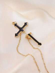 1pc Black Cross Integrated Stud Earring With Chain, Edgy, Fashionable, Suitable For Women's Daily And Festival Wear - 金色 - 查看 3