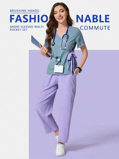 Conjunto de 2 piezas con cuello en V y contraste de color, manga corta, múltiples bolsillos, de moda para ir al trabajo, adecuado para salón de belleza, tienda de mascotas, centro de maternidad