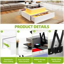 Lift Top Coffee Table, High Glossy With LED Strip, Modern Wooden Rectangle Tea Table With 2 Drawers, White -By GeoTower - White - View 7