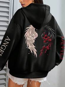 大码女式玫瑰装饰翅膀图案卫衣，时尚百搭，适合秋季、圣诞派对、女士冬季穿着、情人节、冬季、夏季，长袖上衣，曲线休闲黑色春季款 - 黑色 - 查看 2