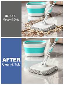 Flat Floor Mop And Bucket Set, Foldable Spin Mop For Floor Cleaning & Square-Head Collapsible Bucket, Bathroom Cleaning Mop, Spin Mop With Adjustable Handle - Wet And Dry Use, Ideal For Hardwood, Tile, And Marble Floors, Household Essentials, Blue, Green - 綠色 - 查看 9