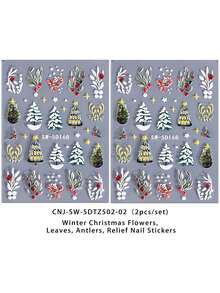 2 Peças de Adesivos de Arte de Unhas com Relevo de Padrão de Folhas de Natal de Inverno - Design de Arte DIY para Árvore de Natal de Inverno, Natal, Ano Novo, Galhadas de Veado, Folhas de Flores e Luzes de Estrela, Adequado para Uso Diário, Casamento e Feriados de Mulheres, Adesivos de Unhas Descartáveis, Estilo de Tema Cartoon, Fofo, Fácil de Colar, Decoração de Salão de Beleza