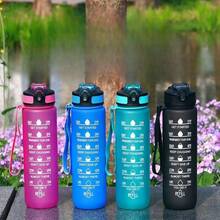 1pc 1L Spacious Silicone Strap Bounce Lid UV Printed Large Capacity Sports Water Bottle - Multicolor - View 1