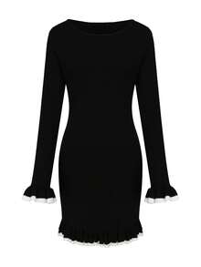 Elegancka i charakterystyczna długa sukienka w stylu francuskim z okrągłym dekoltem, odpowiednia na Boże Narodzenie, Święto Dziękczynienia, Nowy Rok i inne święta; jesienno-zimowa sukienka sweterkowa z długim rękawem w bloki kolorów, prosta i charakterystyczna sukienka imprezowa