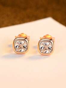 ELSEDES 1 Pair Fashionable & Elegant S925 Sterling Silver Square Cubic Zirconia Stud Earrings, Suitable For Daily And Party Wear