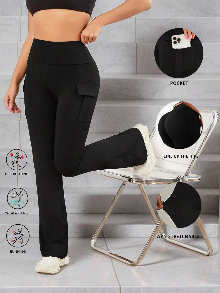 高腰修身喇叭瑜伽裤，带口袋，女士休闲运动长裤 - 黑色 - 查看 1