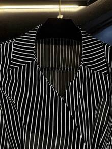 女士春秋新款V领系腰休闲长袖衬衫 黑色 - 黑色 - 查看 3