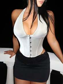Sexy Satin Corset Tops Overbust Halter Crop Cami Tank Top Hook Front Lace Up Back Backless Boned Snatched Waist Tummy Control Shapewear For Women Christmas Thanksgiving Outfit - 白色 - 查看 2
