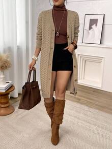 大码女式休闲纯色针织开衫，冬季 - 卡其色 - 查看 4