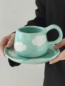 Cabin Kangaroo Ins风格，法式复古风格，手工捏塑手绘，不规则陶瓷咖啡杯碟，手工捏塑痕迹，手绘图案，艺术气息浓厚，高档甜点碟，下午茶，提升格调