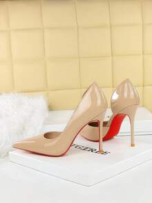 European & American Style Banquet Patent Leather Pointed Toe High Heel Shoes, Fashionable Super High Heels For Women - Khaki - View 6