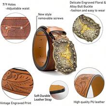 Western Cowboy-Belts For Men Big-Buckle Longhorn-Bull PU-Leather Rodeo Cowgirl-Belt Engraved Floral - Waist 25-38" - Browncarvedbull - 查看 4