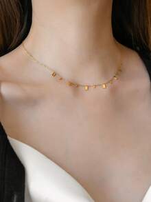 1 件不锈钢镀金水滴流苏项链，女士锆石超闪亮锁骨链