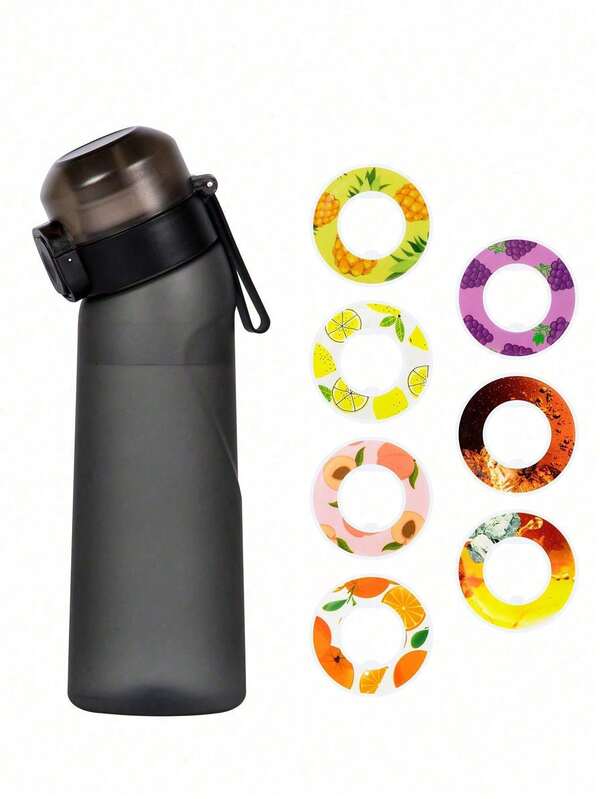 1 pieza Botella de agua con sabor con 1 cápsula de sabor aleatorio de forma redonda, Botellas de agua deportivas con pajita, 0 azúcar, 0 calorías, botella para beber para fitness, exterior, deporte, escuela, deportes