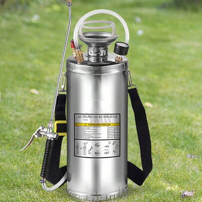 Rociador de acero inoxidable  de 2 galones, con varilla y mango de 20 pulgadas y manguera reforzada de 3 pies, rociador de bomba manual con manómetro y válvula , boquilla ajustable adecuada para jardinería y desinfección