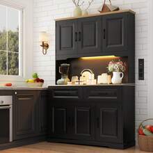 Large Farmhouse Kitchen Pantry Cabinet With Power Outlet & LED Light | 71" Tall, 47" Wide | 8 Doors, 2 Drawers & Open Countertop For Kitchen/Dining Room Storage - 黑色 - 查看 9