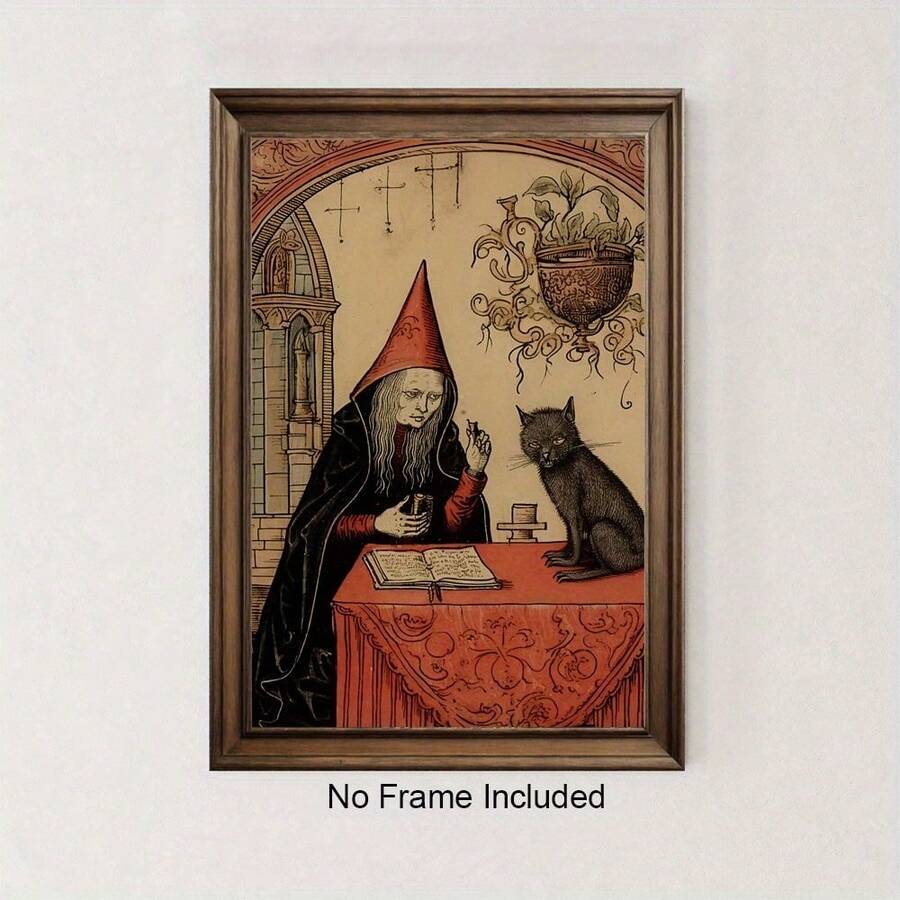 Impression sur canevas d'art mural de sorcière et chat, décoration esthétique médiévale whimsigoth inspirée, affiche sans cadre de Baba Yaga pour la chambre à coucher et le salon, pour Halloween - Multicolore - Voir 1