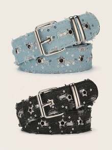 2pcs Punk Style Star Double Breasted Belt, Korean Version Jeans, Fashionable Decorative Pants Belt, Corns Belt - 2pc Black + Blue a - View 3