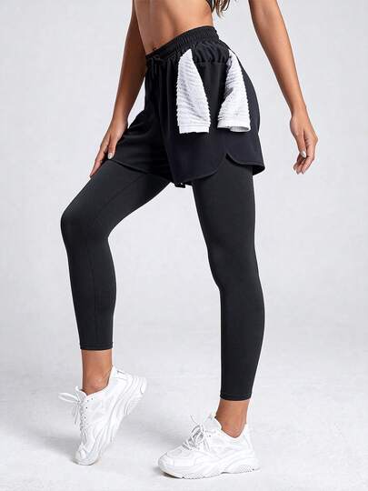 女式高腰瑜伽裤双层健身紧身裤 - 舒适弹力健身跑步运动裤