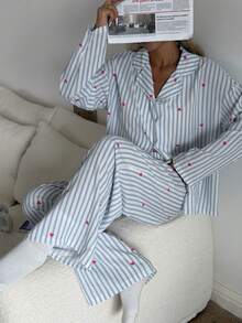 Nina Bonheur 2pcs Women Loose Comfortable Breathable Long Sleeve Top And Long Pants Pajama Set, Cute Home Wear, Fall & Winter Clothes