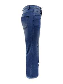 Jeans rectos con ajuste holgado y cómodo, desgastados y lavados en azul, con dobladillo deshilachado, estilo callejero europeo y americano para mujeres