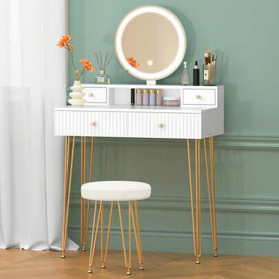 ALFORDSON Dressing Table With LED Light Mirror, 132 Cm High Modern Vanity Set With Drawers, Matching Ottoman, Cream And Gold Vanity Table For Small Spaces, Bedroom, White