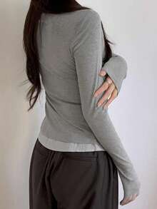 Áo kiểu nữ thanh lịch cổ bẻ dáng ôm 2 trong 1 tay dài kẻ sọc, thích hợp cho mùa xuân. - Màu Xám nhạt - Xem 3