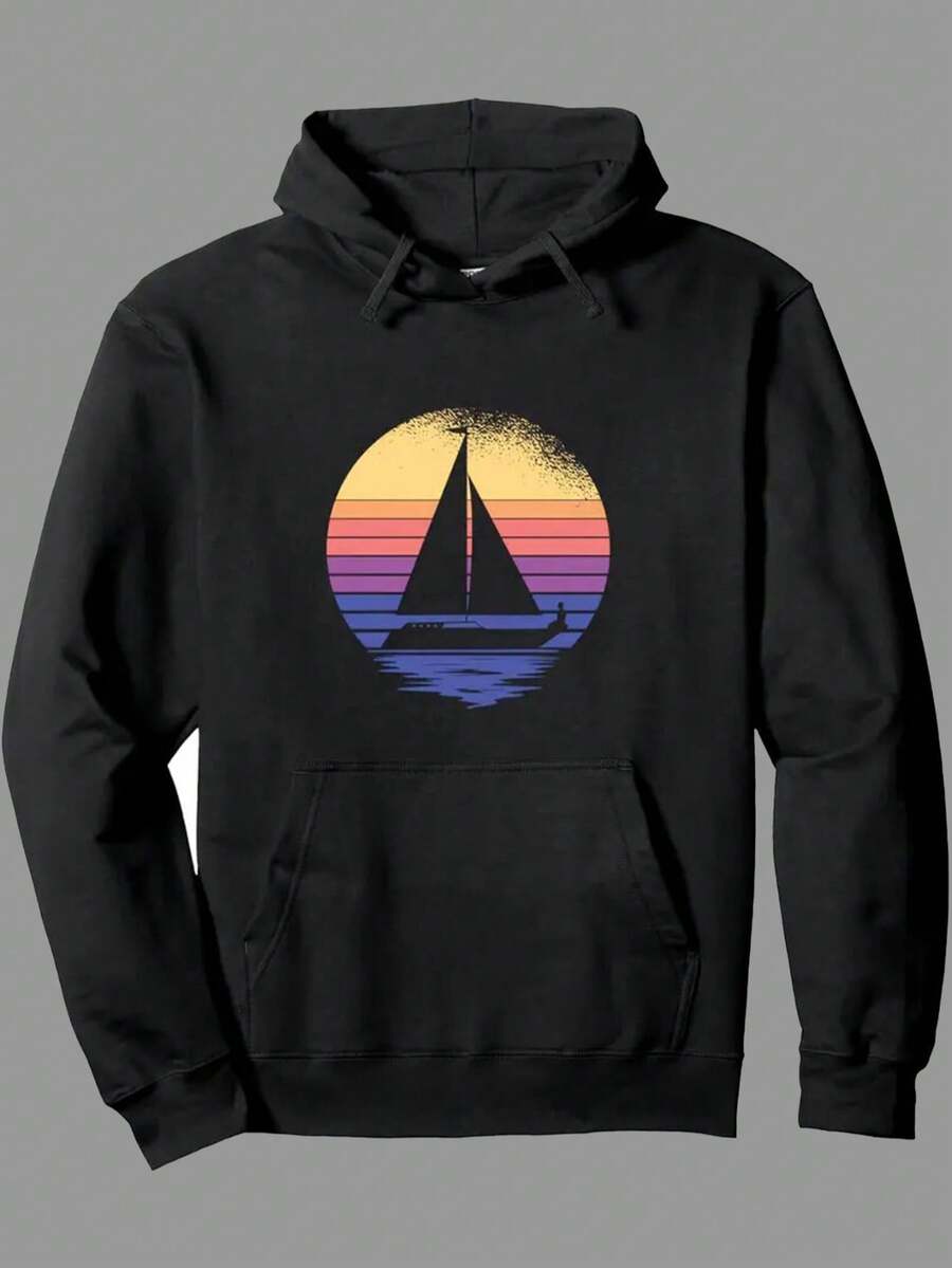 Men'S Vintage Nautical Sailboat Graphic Hooded Sweatshirt - Retro Maritime Pullover Hoodie With Sunset Sail Design, Long Sleeve Casual Sweater For Boating Enthusiasts & Sailor Gifts, Digital Print Durable Fabric (No Chest Padding/Waistband), Sailing, Men'S Hooded/Graphic Sweater, Sweater For Men, Men'S Sweatshirt, Men Clothe,Fall Hoodies,Men's Fall Clothes,Street Wear,Halloween,Mens Hoodies,Y2k Clothes,Jesus Hoodie,Thanksgiving Day,Nightmare Before Christmas,Christmas - màu đen - Xem 1