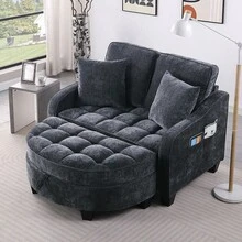 YOGLAD Modern Chaise Lounge Sofa Chair Indoor With Storage Ottoman, 2 Seater Sofa With Chaise Lounge, Irregular Armrest Loveseat Couch With Checkered Cushions And 2 Throw Pillows, Comfortable Fabric Upholstered Small Sofa For Living Room Bedroom Apartment, Easy Assembly - màu đen - Xem 3