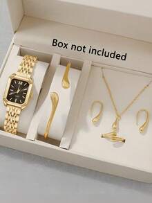 6件套女士金色钢条休闲优雅条形刻度小方表盘石英表手链项链耳环戒指首饰套装，适合日常佩戴装饰或作为节日礼物 - 金色 - 查看 6