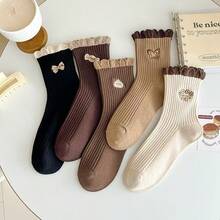 5 双蝴蝶蕾丝边中筒袜，适合女士，百搭，春秋 - 彩色 - 查看 7